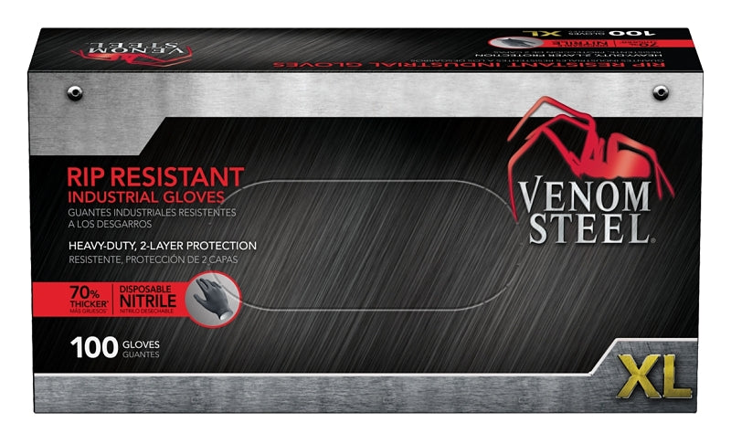 Venom Steel VEN6144N Disposable Gloves, 100 BX, XL, Nitrile, Powder-Free, Black, 9-1/2 in L, Beaded Cuff