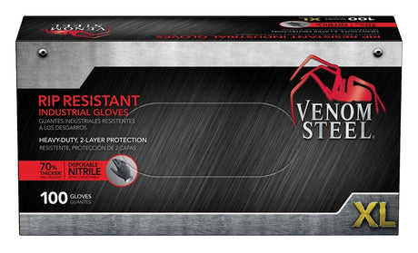 Venom Steel VEN6144N Disposable Gloves, 100 BX, XL, Nitrile, Powder-Free, Black, 9-1/2 in L, Beaded Cuff