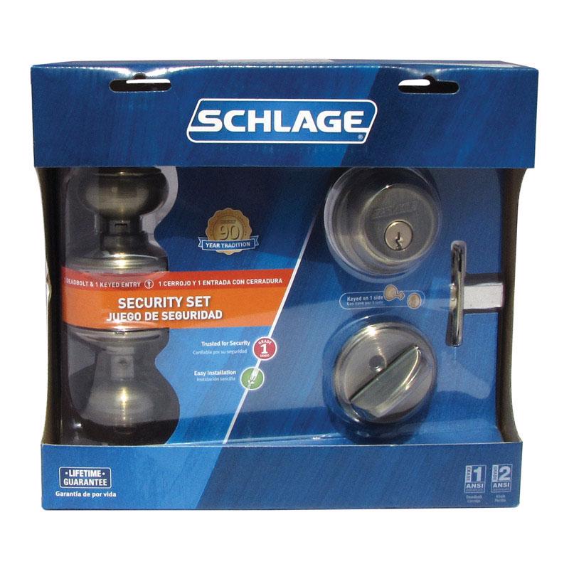 Schlage Georgian Antique Brass Knob and Single Cylinder Deadbolt 1-3/4 in.