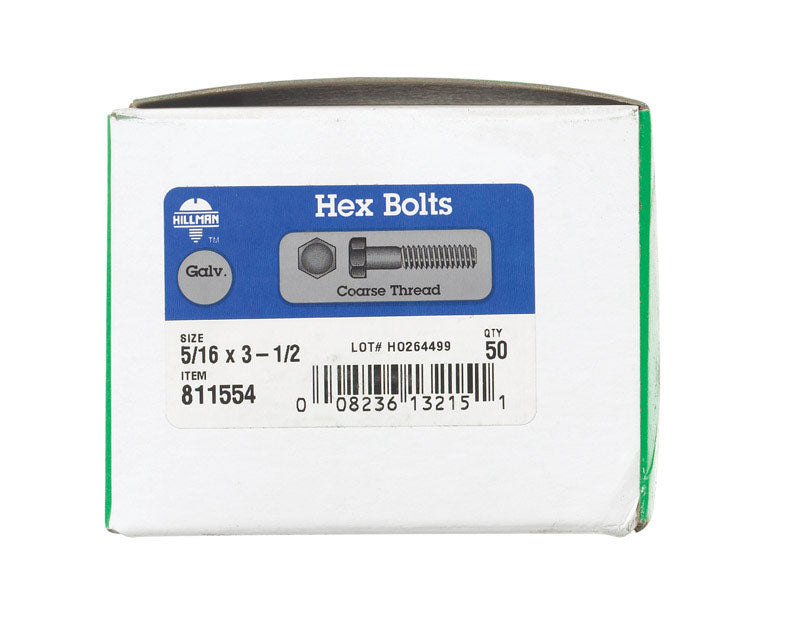 HILLMAN 5/16 in. D X 3-1/2 in. L Hot Dipped Galvanized Steel Hex Bolt 50 pk