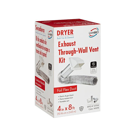 Lambro 1375W Wall Hood Vent Kit, Plastic, White, Includes: (1) 4 in White Plastic Exhaust Wall Hood Vent