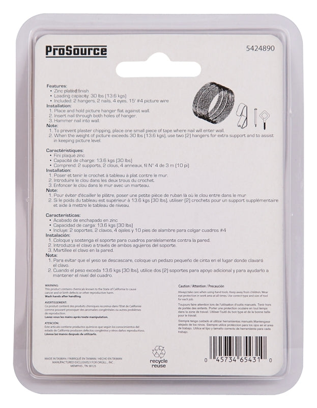 ProSource PH-121128-PS Picture Hanging Kit, 30 lb, Steel, Zinc, Zinc, Nail-In Mounting