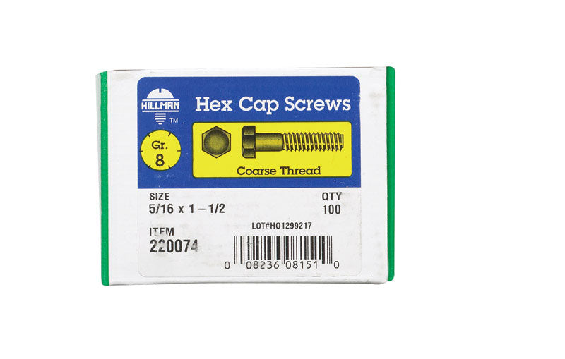 HILLMAN 5/16 in. D X 1-1/2 in. L Heat Treated Steel Hex Head Cap Screw 100 pk
