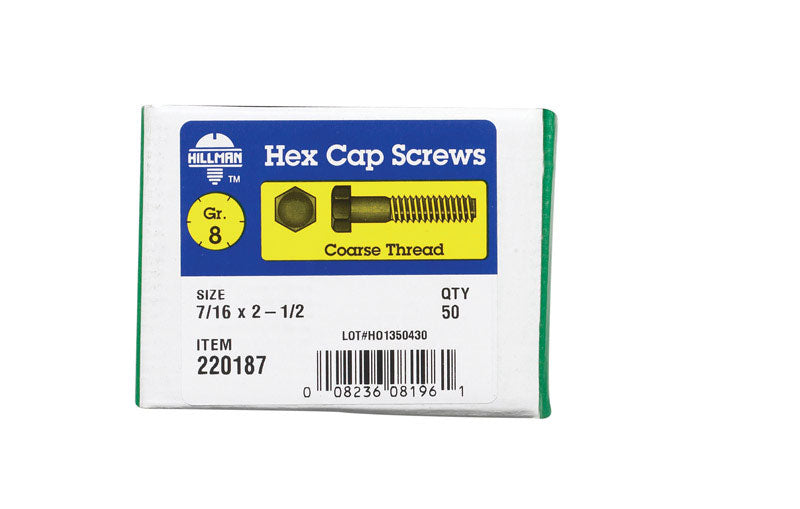 HILLMAN 7/16 in. D X 2-1/2 in. L Heat Treated Steel Hex Head Cap Screw 50 pk