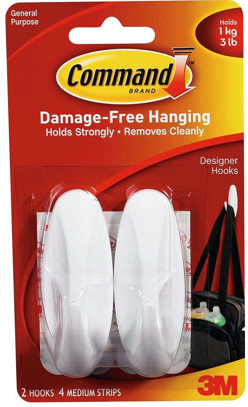 Command 17081 Medium Designer Hook, 3-1/8 in L x 1-1/8 in W x 1-1/8 in H Dimensions, 5/8 in Opening, 3 lb, 2-Hook, Pack of 6