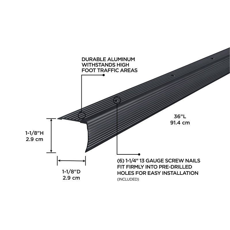 M-D 66269 Stair Edging, 36 in L, 1-1/8 in W, Aluminum, Black, Matte