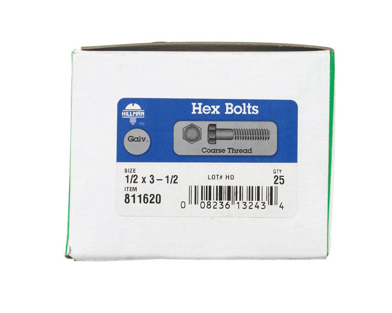 HILLMAN 1/2 in. D X 3-1/2 in. L Hot Dipped Galvanized Steel Hex Bolt 25 pk