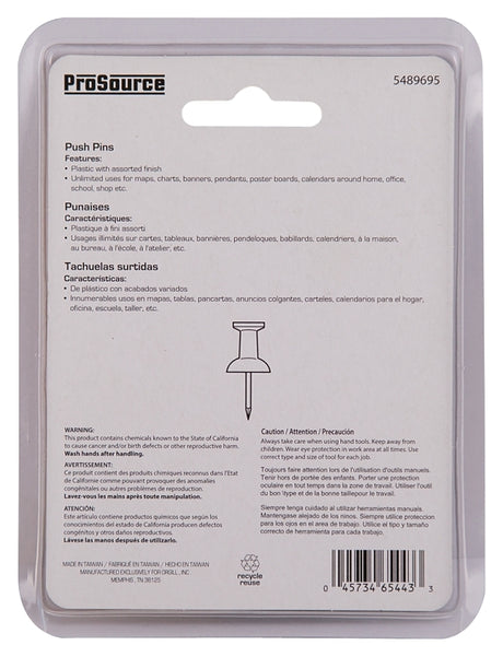 ProSource PH-121152-PS Push Pin, 23 mm L, Plastic, Assorted Colors, Round Head