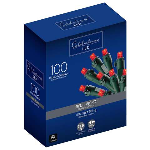 Celebrations Blue LED Micro/5mm Red 100 ct String Christmas Lights 24.5 ft.