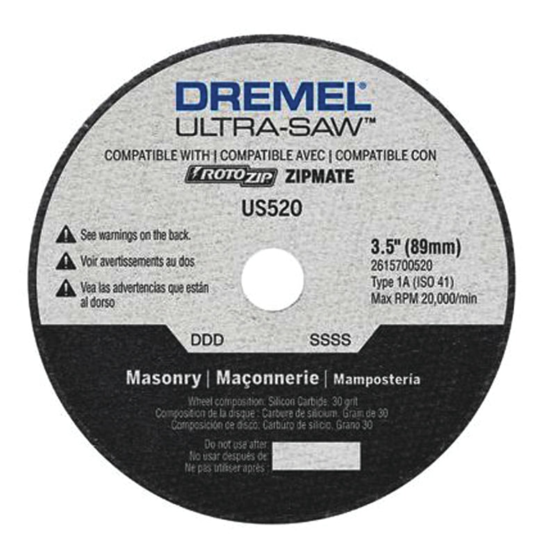 Dremel US520-01 Masonry Cutting Wheel, 3-1/2 in Dia, 0.094 in Thick, 7/16 in Arbor, 30 Grit, Silicone Carbide Abrasive, Pack of 4