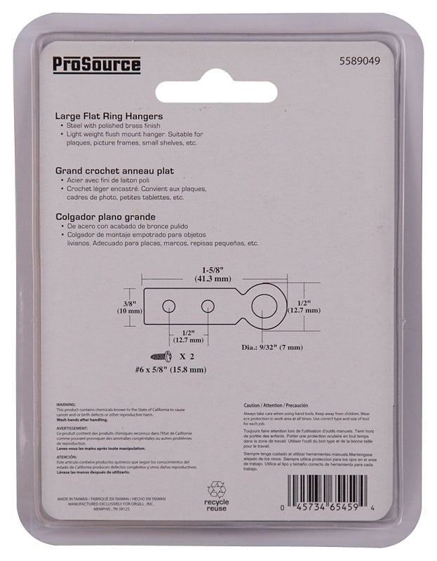 ProSource PH-122227-PS Picture Hanger, 9 lb, Steel, Polished Brass, Brass, Flush Mounting