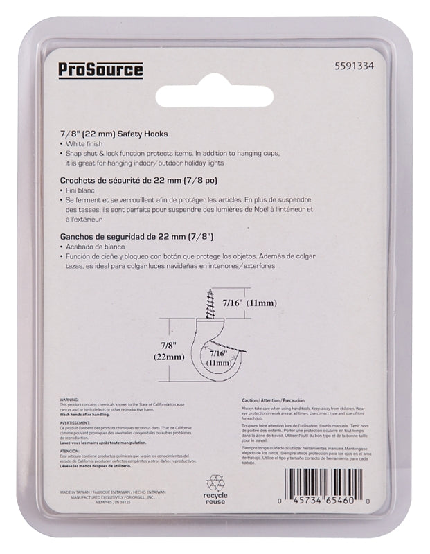 ProSource PH-122238-PS Cup Hook, 7/16 in Thread, 33 mm L, Zinc Alloy, White Painted