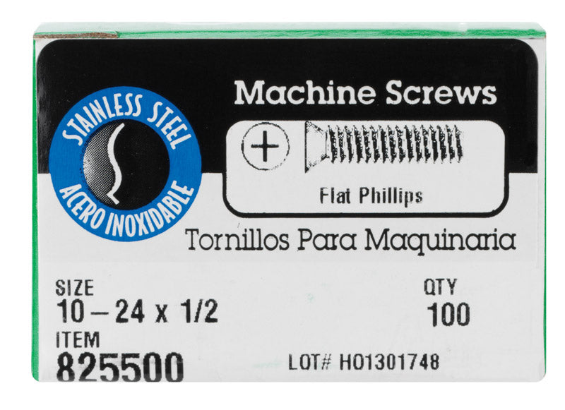 HILLMAN No. 10-24 X 1/2 in. L Phillips Flat Head Stainless Steel Machine Screws 100 pk