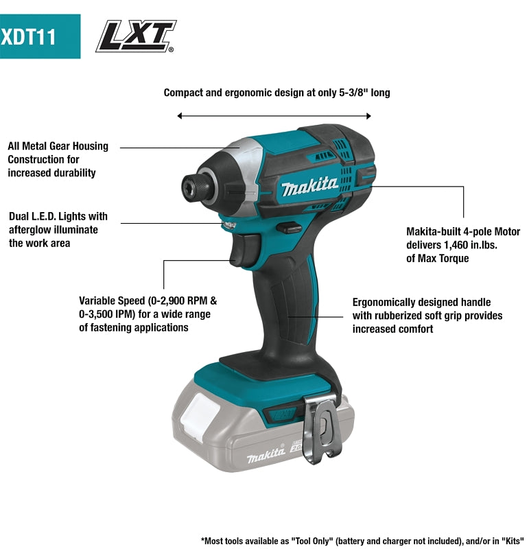 Makita XDT11Z Impact Driver, Tool Only, 18 V, 1/4 in Drive, Hex Drive, 0 to 3500 ipm, 0 to 2900 rpm Speed