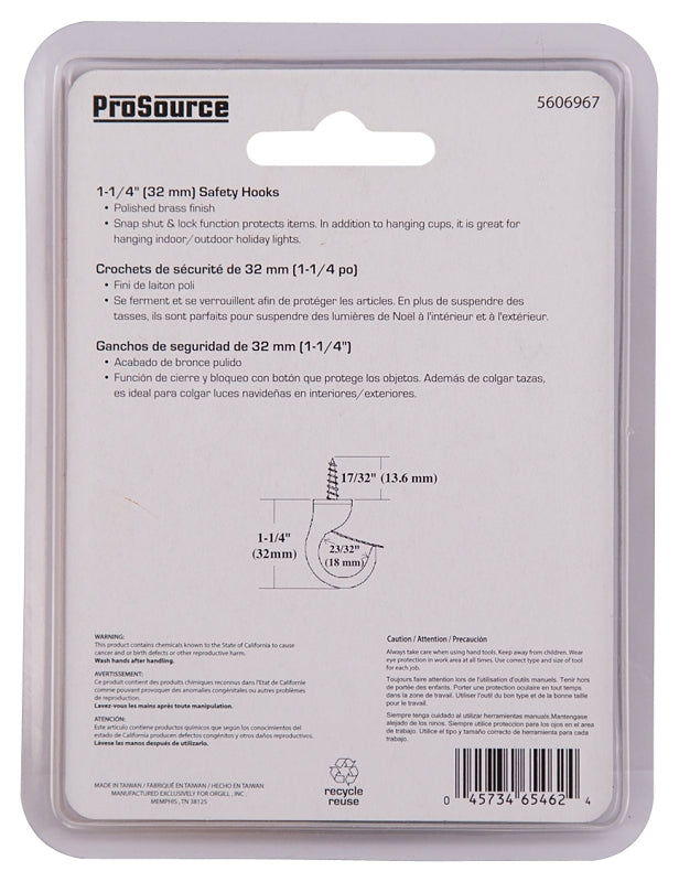 ProSource PH-122242-PS Cup Hook, 17/32 in Thread, 46 mm L, Zinc Alloy, Polished Brass