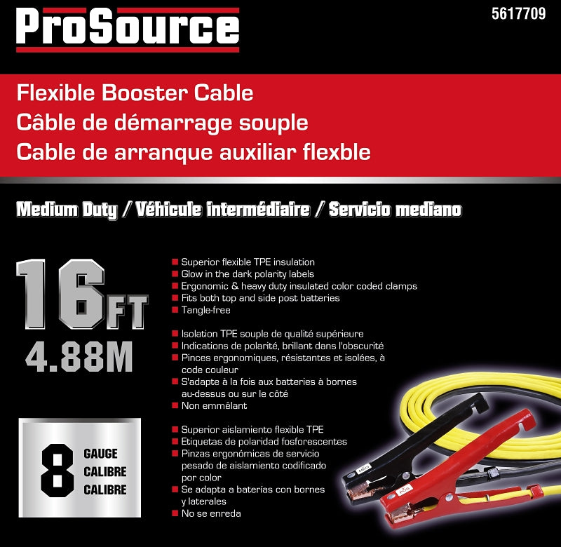 ProSource 081602 Booster Cable, 8 AWG Wire, 4-Conductor, Clamp, Clamp, Stranded, Yellow/Black Sheath