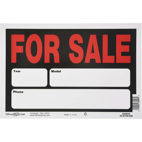 HILLMAN English Black Auto For Sale Sign 8 in. H X 12 in. W, Pack of 6