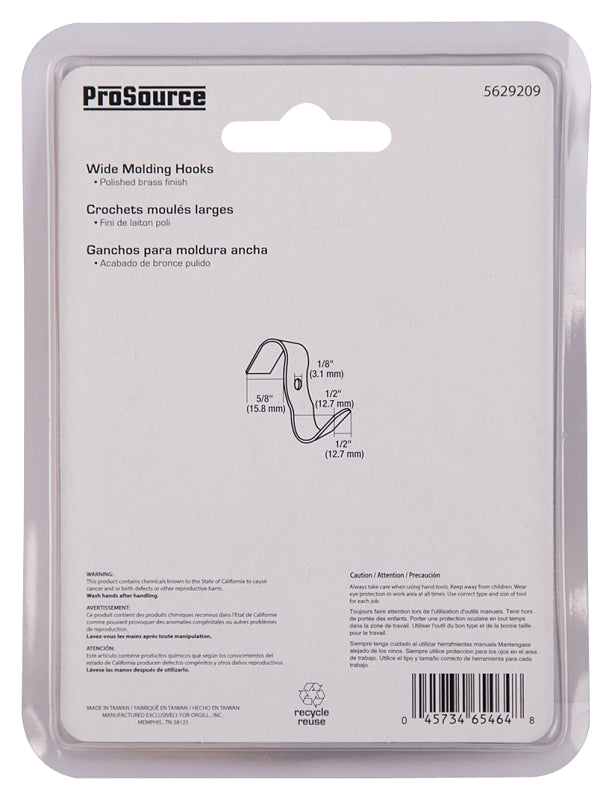 ProSource PH-122246-PS Moulding Hook, 1/2 in Opening, Steel, Polished Brass, 4-Hook