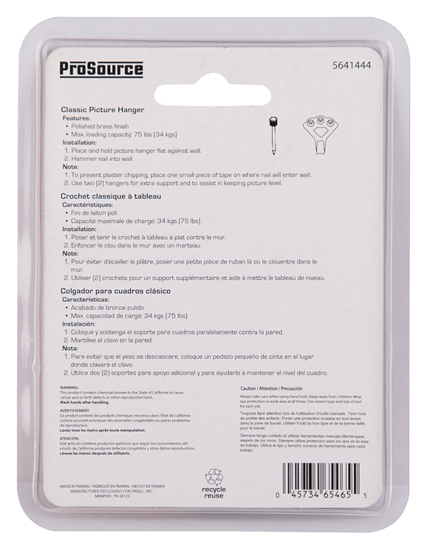 ProSource PH-122274-PS Picture Hanger, 75 lb, Steel, Polished Brass, Brass, Nail-In Mounting