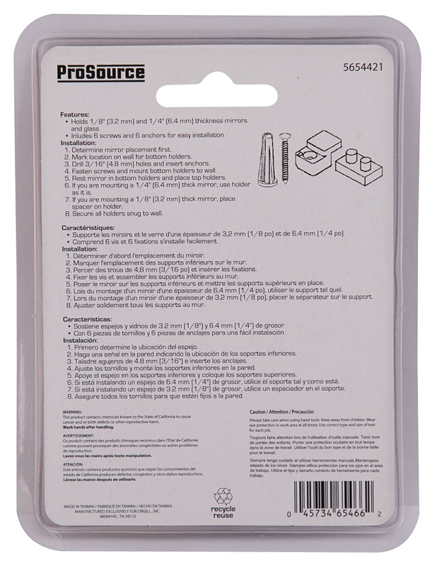 ProSource PH-122280-PS Mirror Holder, Plastic, Clear, Clear, Screw Mounting