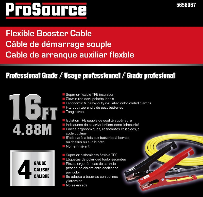 ProSource 041602 Booster Cable, 4 AWG Wire, 4-Conductor, Clamp, Clamp, Stranded, Yellow/Black Sheath