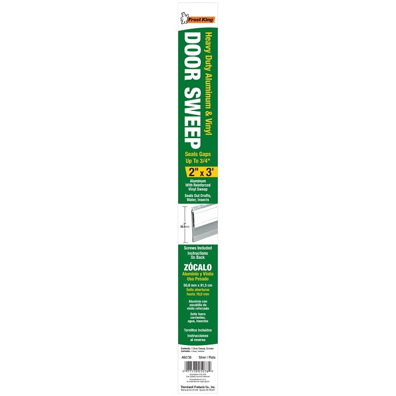 Frost King A62/36H Door Sweep, 36 in L, 2 in W, Aluminum Flange, Silver Insert Color, Vinyl Insert