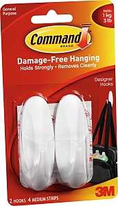 Command 17081-2VP Designer Hook, 3 lb, 4-Hook, Plastic, White