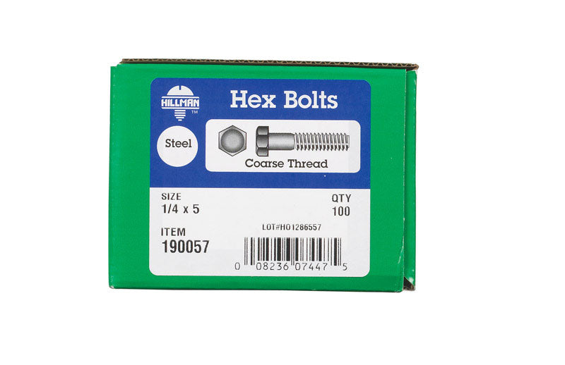 HILLMAN 1/4 in. D X 5 in. L Zinc Plated Steel Hex Bolt 100 pk