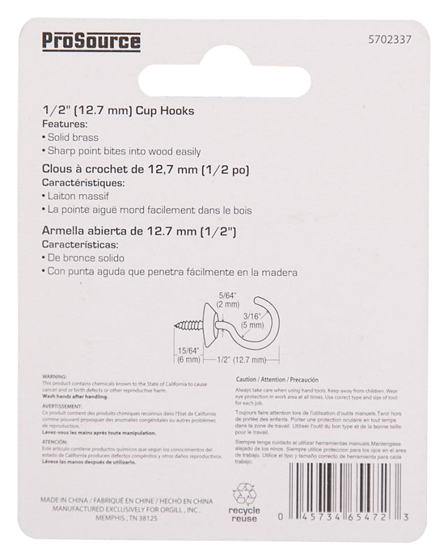 ProSource LR-381-PS Cup Hook, 3/16 in Opening, 2.5 mm Thread, 3/4 in L, Brass, Brass