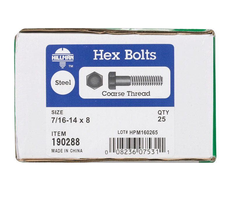 HILLMAN 7/16 in. D X 8 in. L Zinc Plated Steel Hex Bolt 25 pk