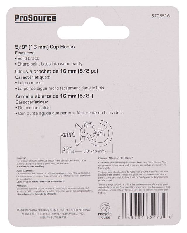 ProSource LR-382-PS Cup Hook, 9/32 in Opening, 2.5 mm Thread, 15/16 in L, Brass, Brass