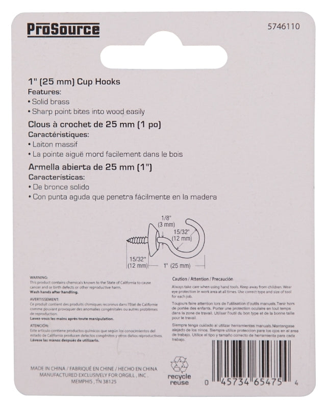 ProSource LR-385-PS Cup Hook, 15/32 in Opening, 3.5 mm Thread, 1-1/2 in L, Brass, Brass