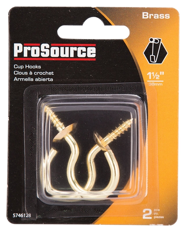 ProSource LR-387-PS Cup Hook, 3/4 in Opening, 4.5 mm Thread, 2-1/16 in L, Brass, Brass