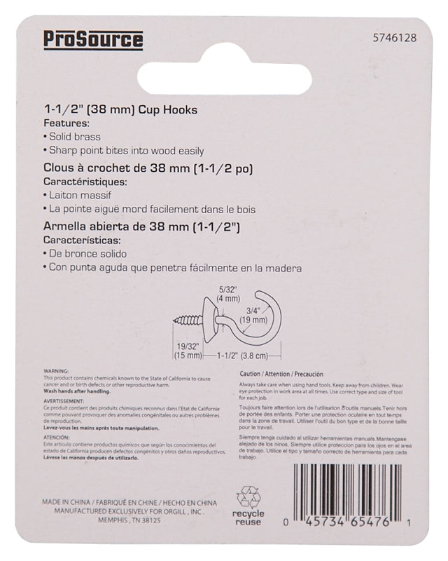 ProSource LR-387-PS Cup Hook, 3/4 in Opening, 4.5 mm Thread, 2-1/16 in L, Brass, Brass