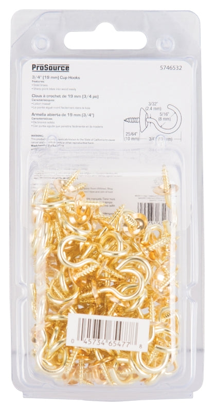 ProSource LR-390-PS Cup Hook, 5/16 in Opening, 3 mm Thread, 1-1/8 in L, Brass, Brass