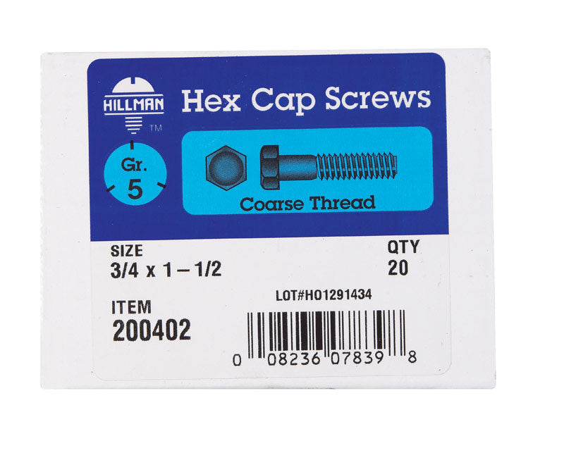 HILLMAN 3/4 in. D X 1-1/2 in. L Heat Treated Zinc Steel Hex Head Cap Screw 20 pk