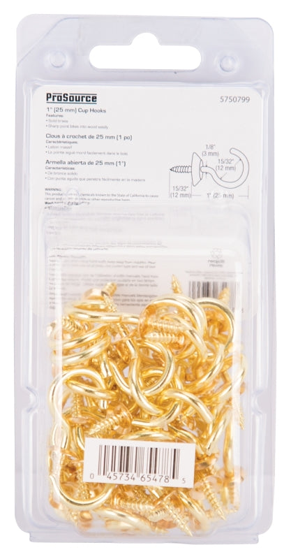 ProSource LR-392-PS Cup Hook, 15/32 in Opening, 3.5 mm Thread, 1 in L, Brass, Brass