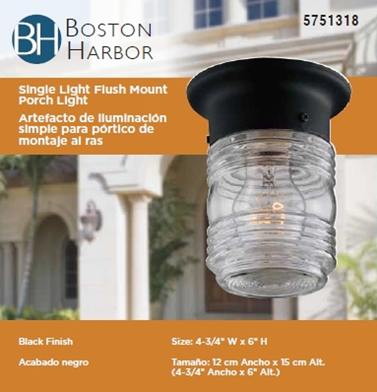 Boston Harbor HV-66919-BK3L Porch Light, 120 V, 60 W, A19 or CFL Lamp, Steel Fixture, Black, Black Fixture