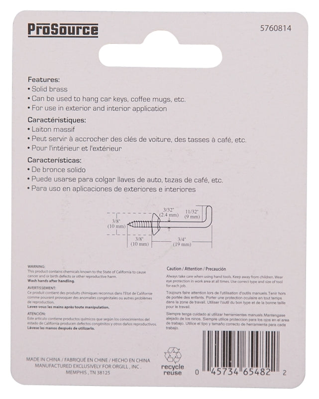 ProSource 20008SPB-PS Shoulder Hook, 11/32 in Opening, 3 mm Thread, 1-1/8 in L, Brass, Brass