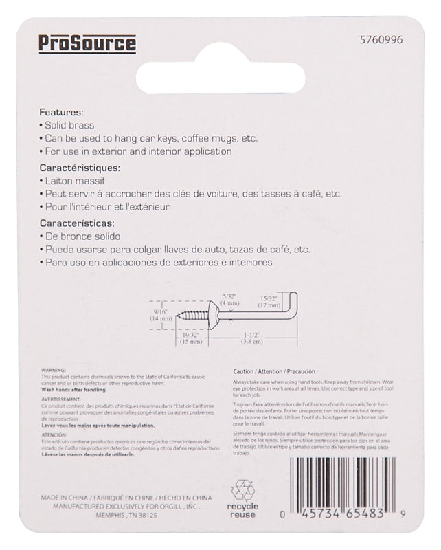 ProSource LR-403-PS Shoulder Hook, 15/32 in Opening, 4.5 mm Thread, 2-1/16 in L, Brass, Brass