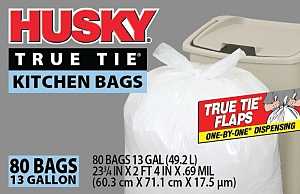 Husky HK13WC080W Kitchen Trash Bag, 13 gal, White, Poly, 0.69 mil THK