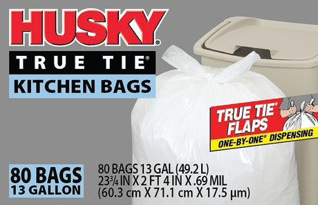 Husky HK13WC080W Kitchen Trash Bag, 13 gal, White, Poly, 0.69 mil THK