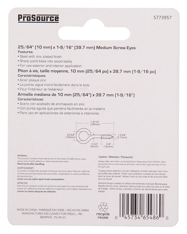 ProSource LR-217-PS Screw Eye, 4 mm Dia Wire, 5.1 mm Thread, 5/8 in L Thread, 1-9/16 in OAL, Steel, Zinc