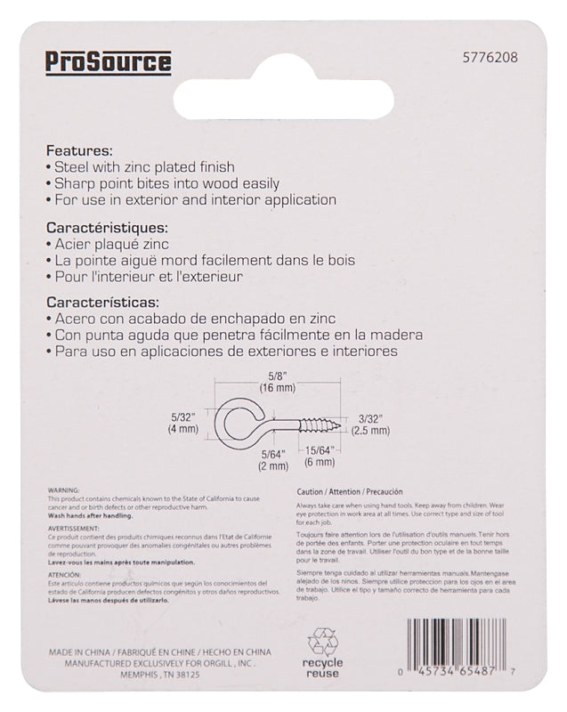 ProSource LR-236-PS Screw Eye, 2 mm Dia Wire, 2.5 mm Thread, 15/64 in L Thread, 5/8 in OAL, Steel, Zinc
