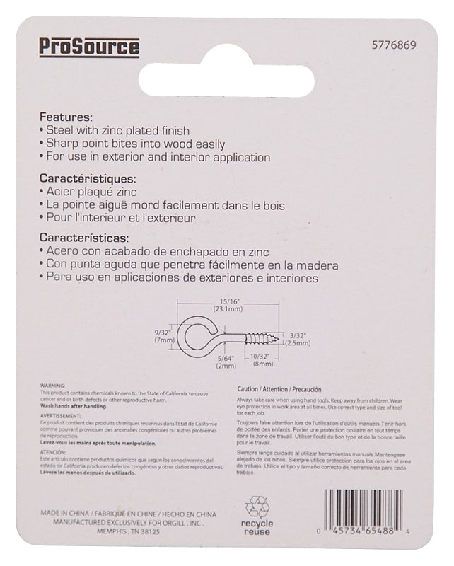 ProSource LR-223-PS Screw Eye, 2 mm Dia Wire, 2.5 mm Thread, 10/32 in L Thread, 15/16 in OAL, 14 lb Working Load, Steel