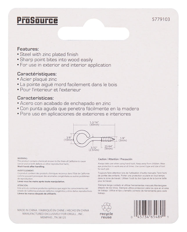 ProSource LR-209-PS Screw Eye, 2.5 mm Dia Wire, 3.2 mm Thread, 25/64 in L Thread, 1-3/16 in OAL, Steel, Zinc