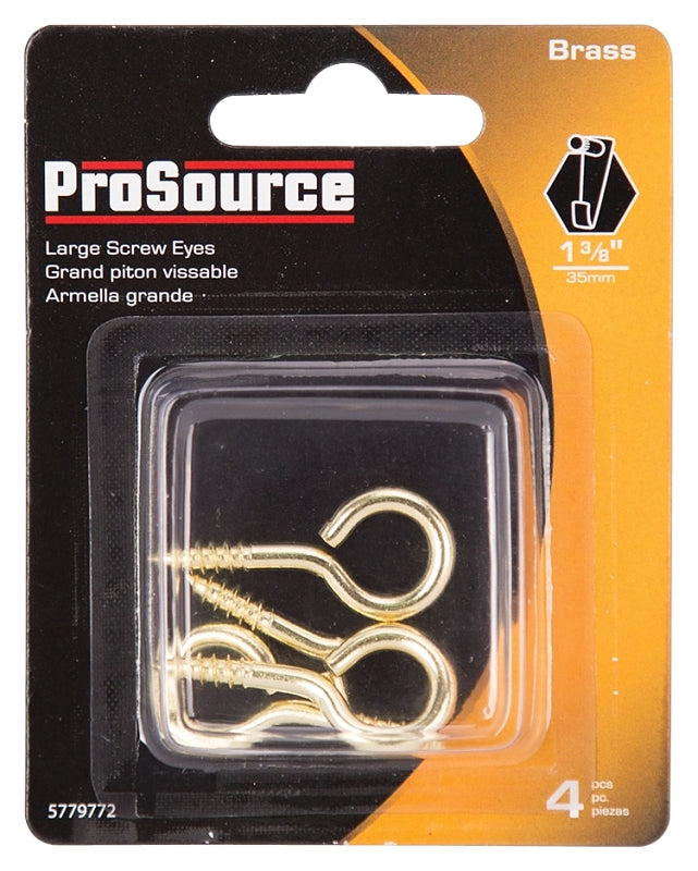 ProSource LR-242-PS Screw Eye, 4 mm Dia Wire, 4 mm Thread, 15/32 in L Thread, 1-3/8 in OAL, Brass, Brass Plated