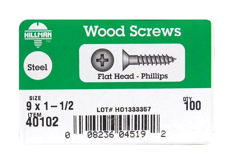 HILLMAN No. 9 X 1-1/2 in. L Phillips Zinc-Plated Coarse Wood Screws 100 pk