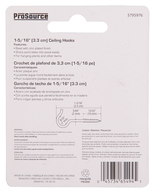 ProSource LR-308-PS Ceiling Hook, 5 lb Working Load, Steel, Silver, Zinc