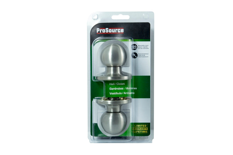 ProSource T3P30V-PS Passage Knob, Metal, Satin Nickel, 2-3/8 to 2-3/4 in Backset, 1-3/8 to 1-3/4 in Thick Door